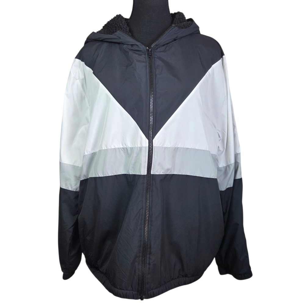 PINK Sherpa Lined Rainbow Black and White Hooded Jacket Size M/L